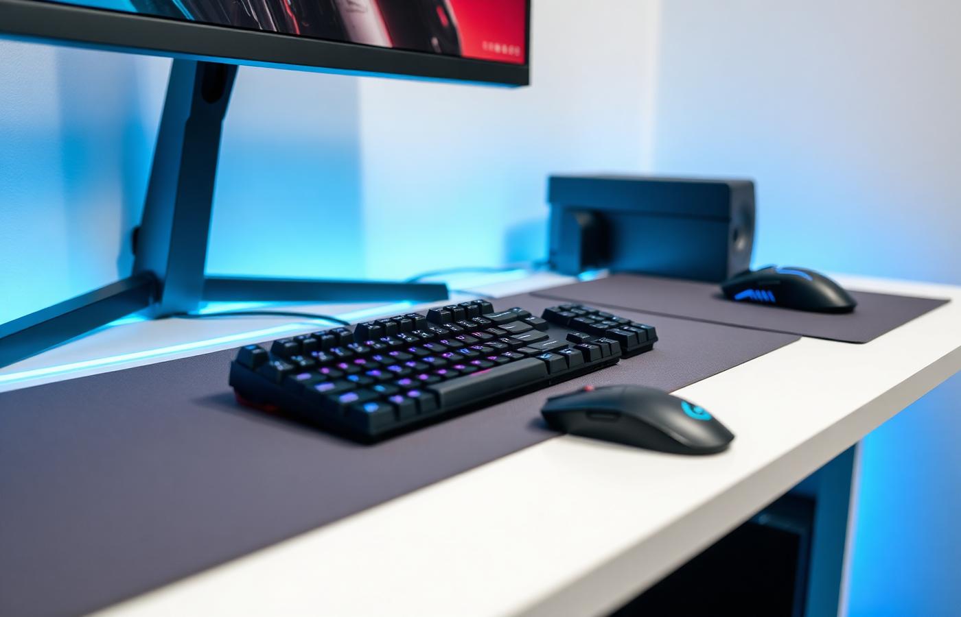 Clean white teen desk with keyboard, mouse and cyan LED underglow