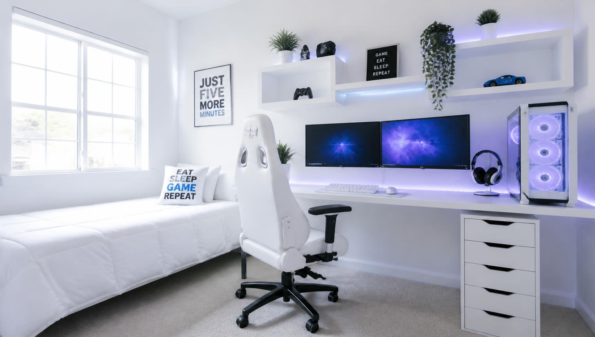Bright white teen bedroom setup with blue and purple LED lighting