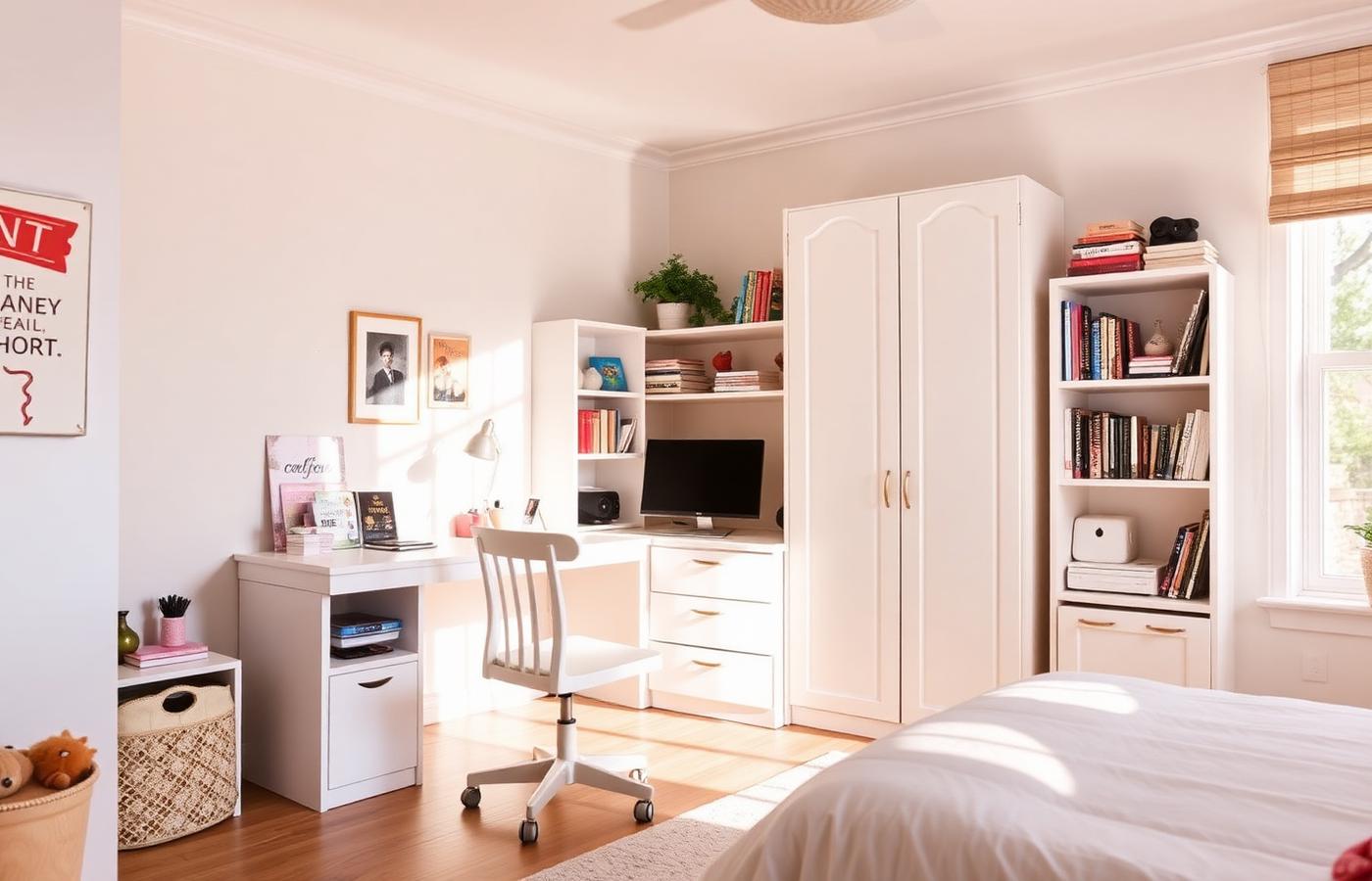 Bright teen bedroom with a practical white study desk, chair and storage