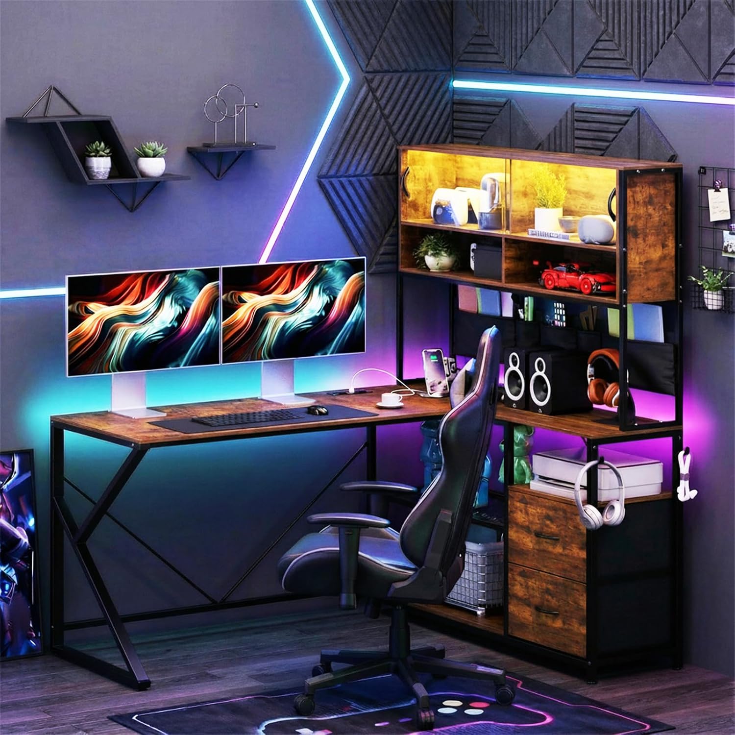 LED L-Shaped Desk with Drawers 130cm setup photo