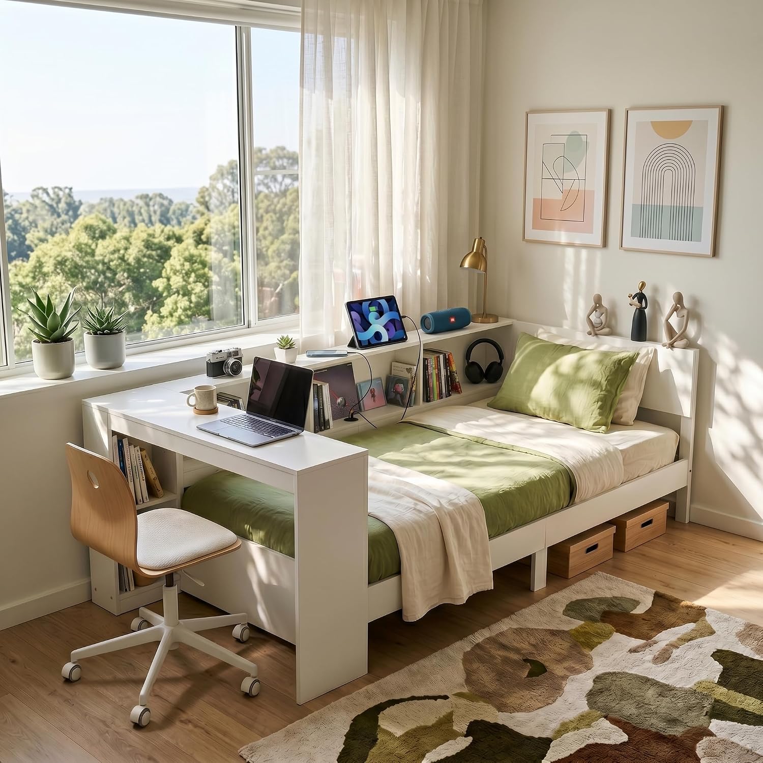 Corner Bed with Desk (White) setup photo