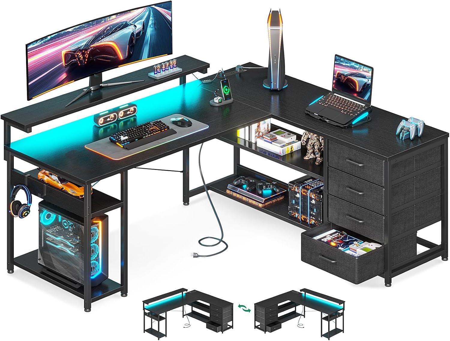 LED L-Shaped Desk with Drawers setup photo