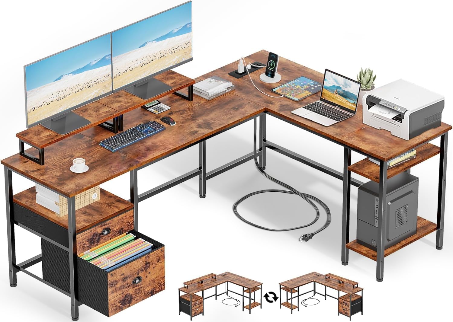 L-Shaped Desk with Outlets 168cm setup photo